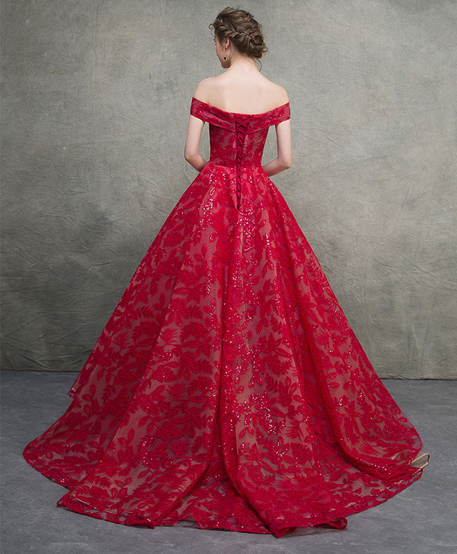 Burgundy Off Shoulder Lace Long Prom Dress, Burgundy Lace Long Evening Dress