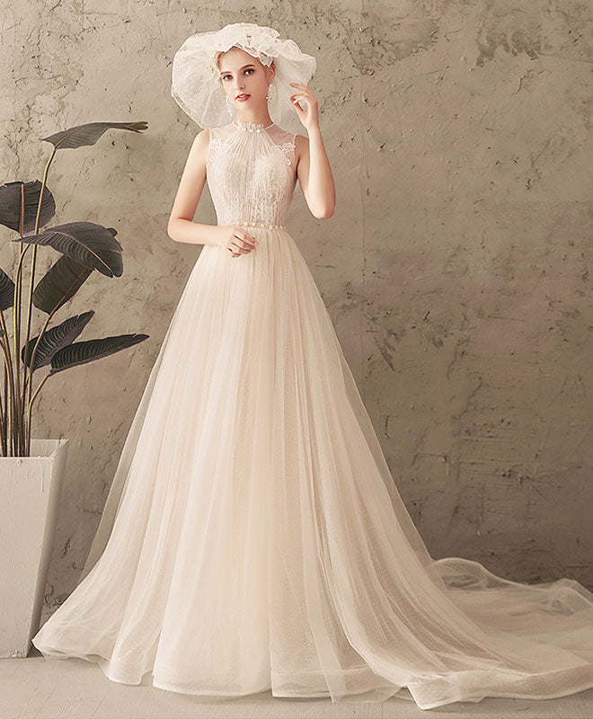 A-Line Tulle Lace Long Prom Dress, Tulle Lace Wedding Dress