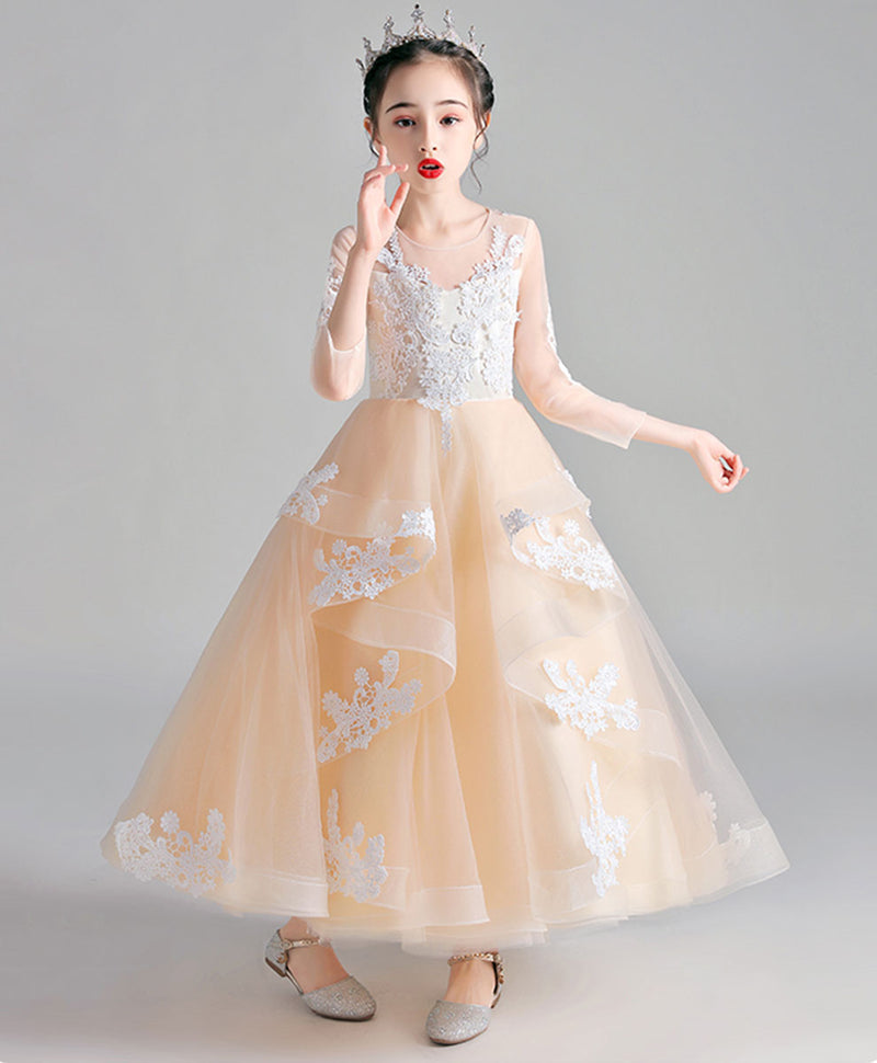 Champagne Round Neck Tulle Lace Flower Girl Dress