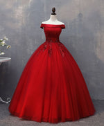 Burgundy Tulle Lace Off Shoulder Long Prom Gown Burgundy Evening Dress