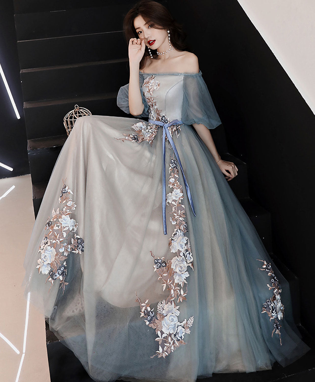 grey blue long prom dress with embroidery Long Blue Prom Ball Gown: Andrea and Leo A1246 Dusty Blue / 2