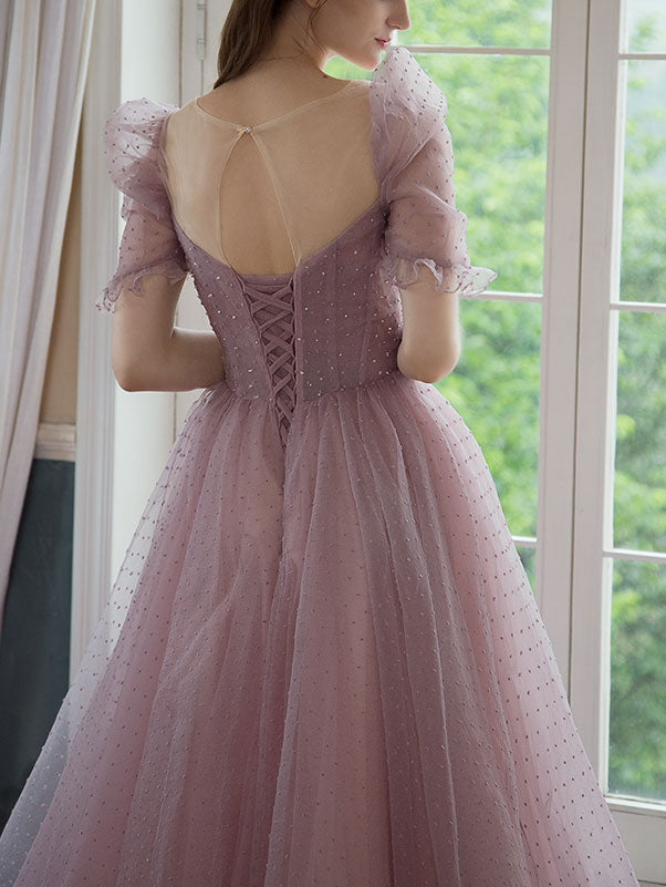 Sweetheart Tulle Beads Tea Length Pink Prom Dress, Tulle Homecoming Dress