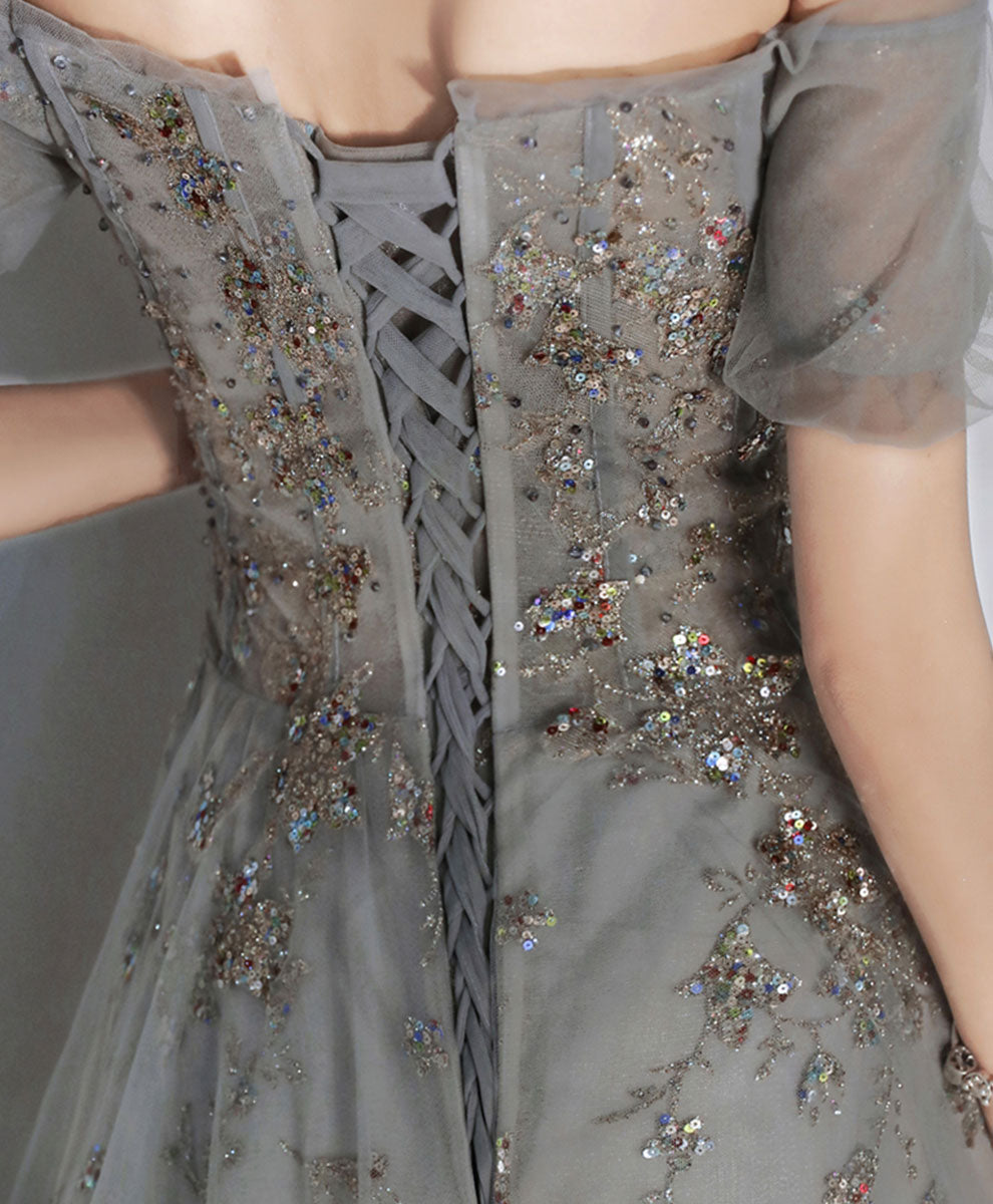 Gray Tulle Sequin Long Prom Dress Tulle Formal Dress