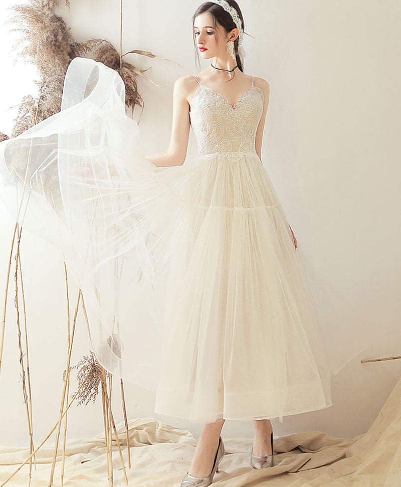 White Sweetheart A Line Tulle Tea Length Prom Dress Bridesmaid