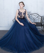 Elegant Dark Blue Tulle Lace Long Prom Dress, Blue Evening Dress
