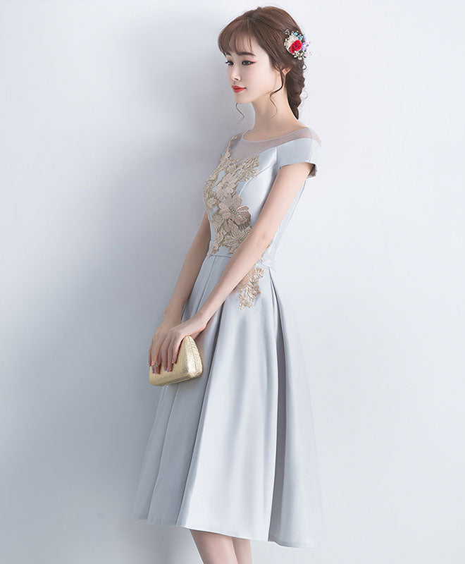 Gray Satin Lace Short Prom Dress, Gray Bridesmaid Dress