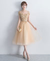 Champagne Lace Short Prom Dress, Champagne Cute Homecoming Dress