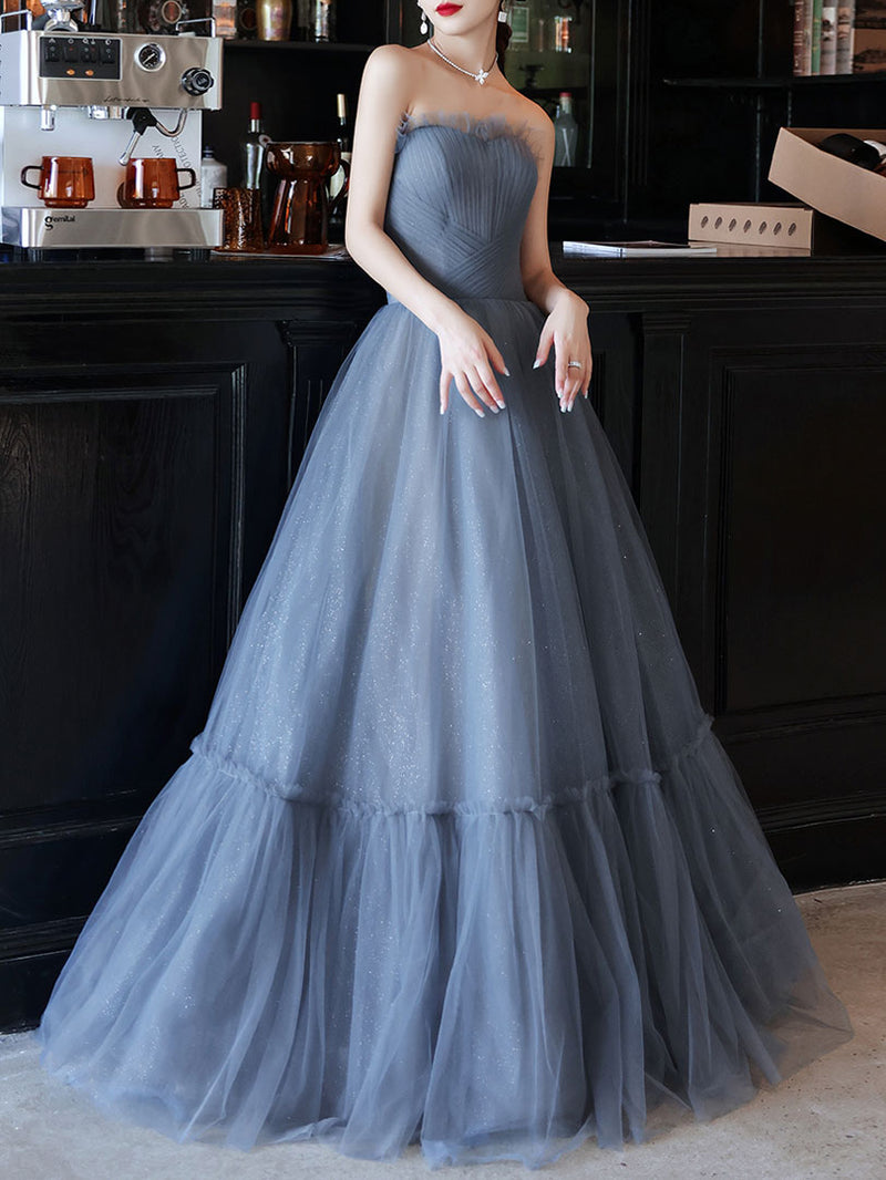 Gray Blue Tulle Long Prom Dress, Gray Blue Evening Dress