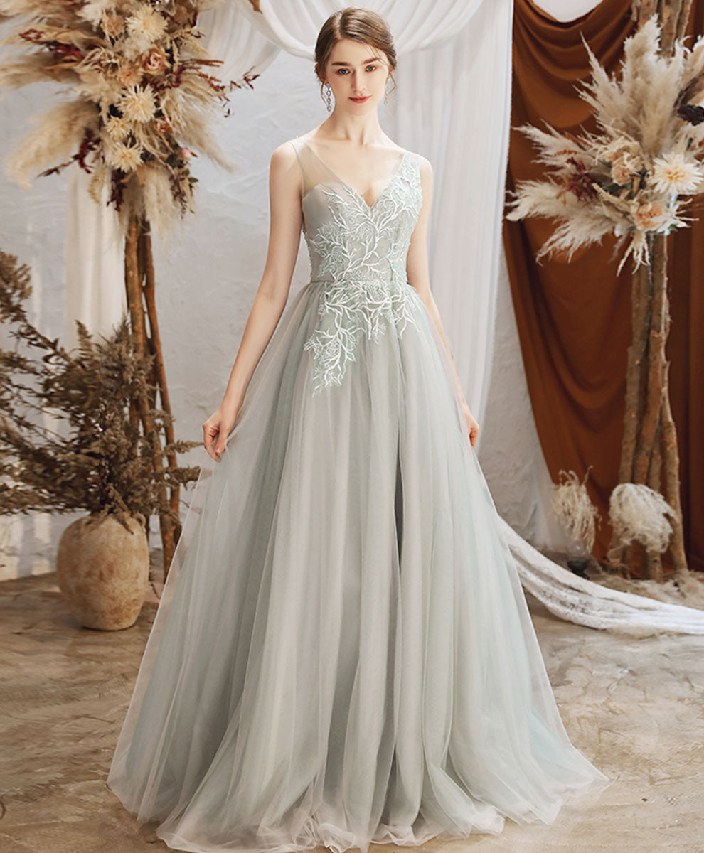 Gray Tulle Lace Long Prom Dress Gray Tulle Formal Dress