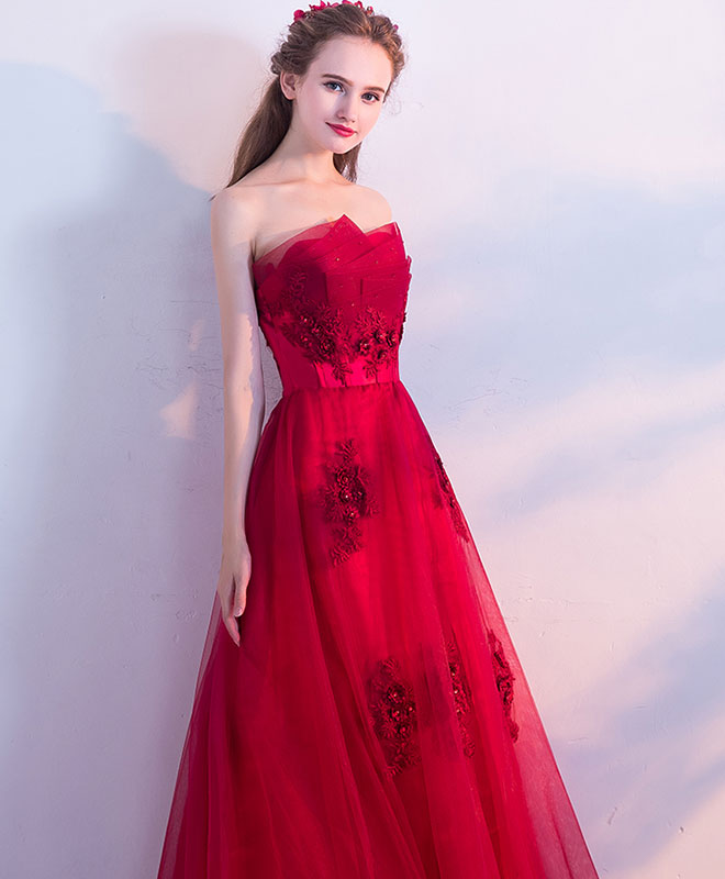 Burgundy Tulle Lace Long Prom Dress, Burgundy Tulle Evening Dress
