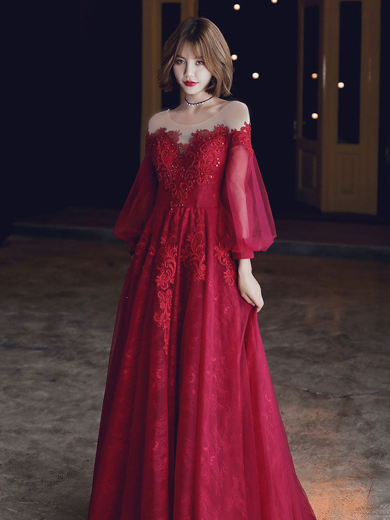 Red A line Tulle Lace Long Prom Dress, Tulle Lace Evening Dress
