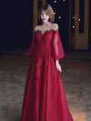 Red A line Tulle Lace Long Prom Dress, Tulle Lace Evening Dress
