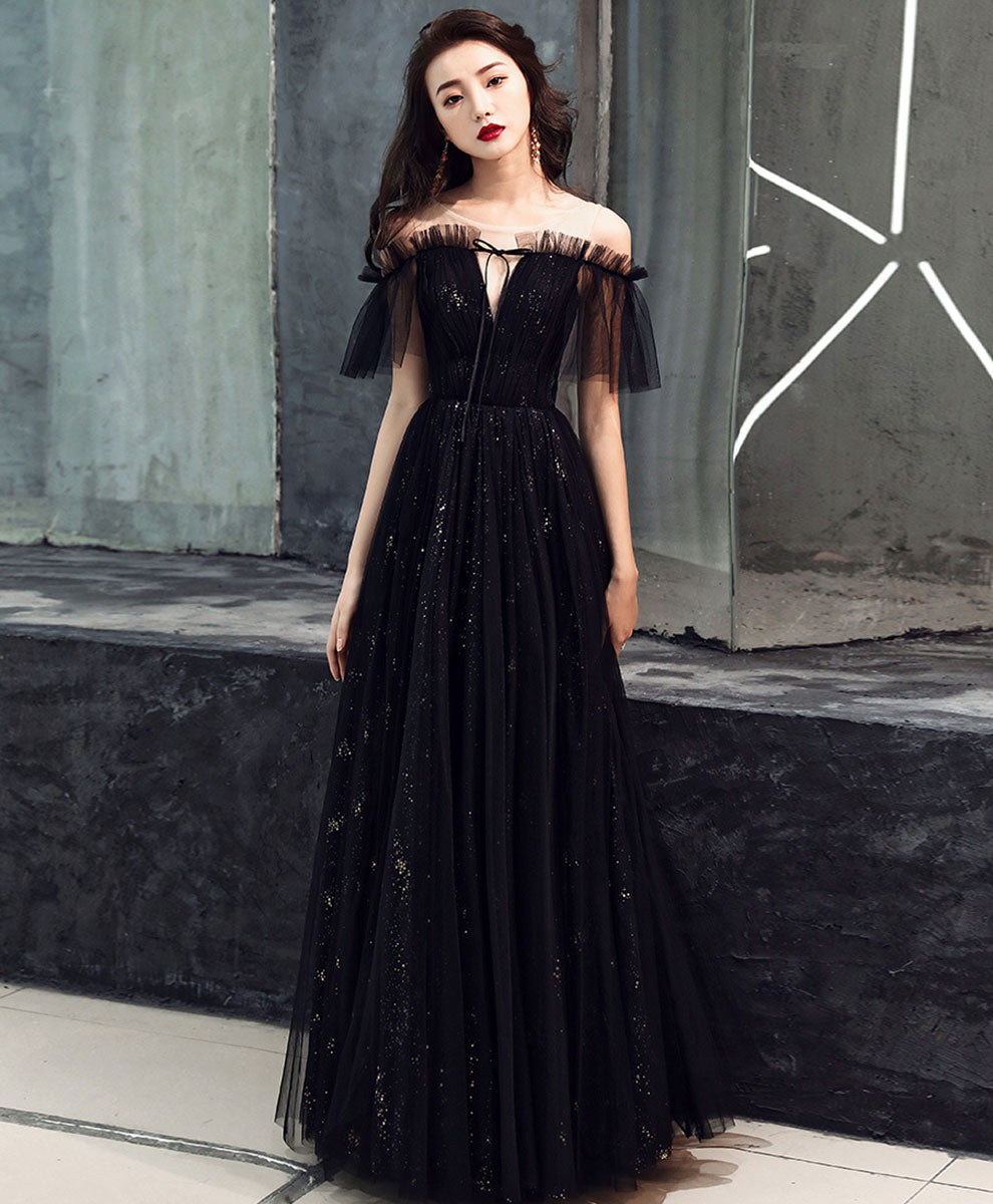Black Tulle Off Shoulder Long Prom Dress Black Formal Dress