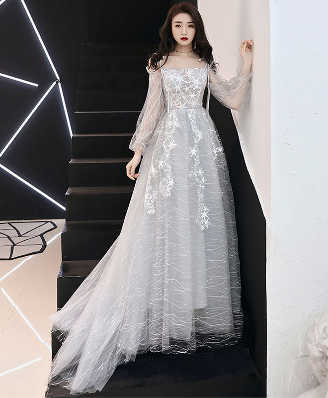 Gray Tulle Lace Long Prom Dress, Gray Tulle Evening Dress – shopluu