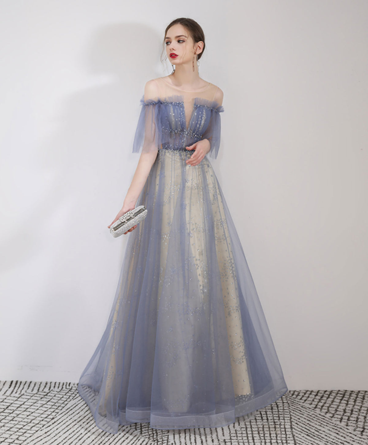 Blue Round Neck Tulle Lace Long Prom Dress, Blue Long Evening Dress