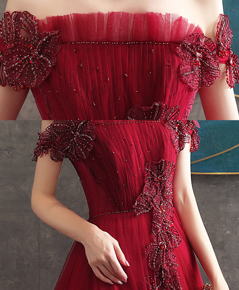 Burgundy Tulle Lace Long Prom Dress Burgundy Tulle Evening Dress