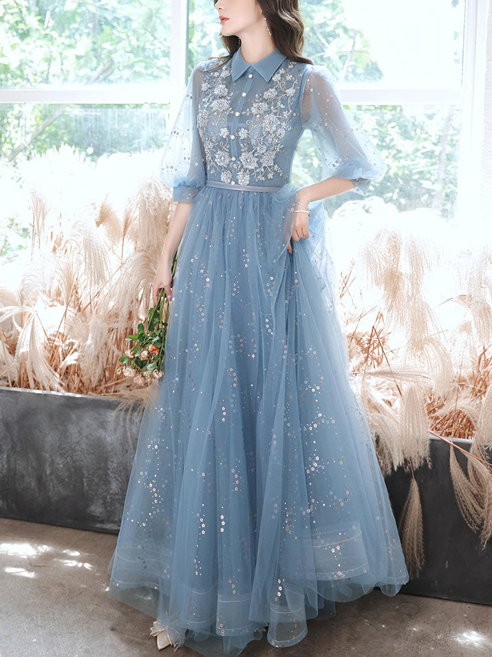 Blue Tulle Lace Sequin Long Prom Dress, A-line Blue Evening Dress