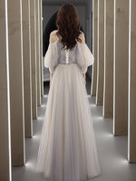 Gray V Neck Tulle Lace Long Prom Dress, A line Evening Dress