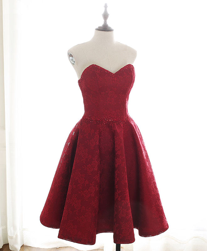 Burgundy Sweetheart Lace Short Prom Dress Burgundy Homecoming Dress