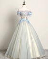 Gray Blue Sweetheart Lace Long Prom Dress, Gray Blue Tulle Evening Dress