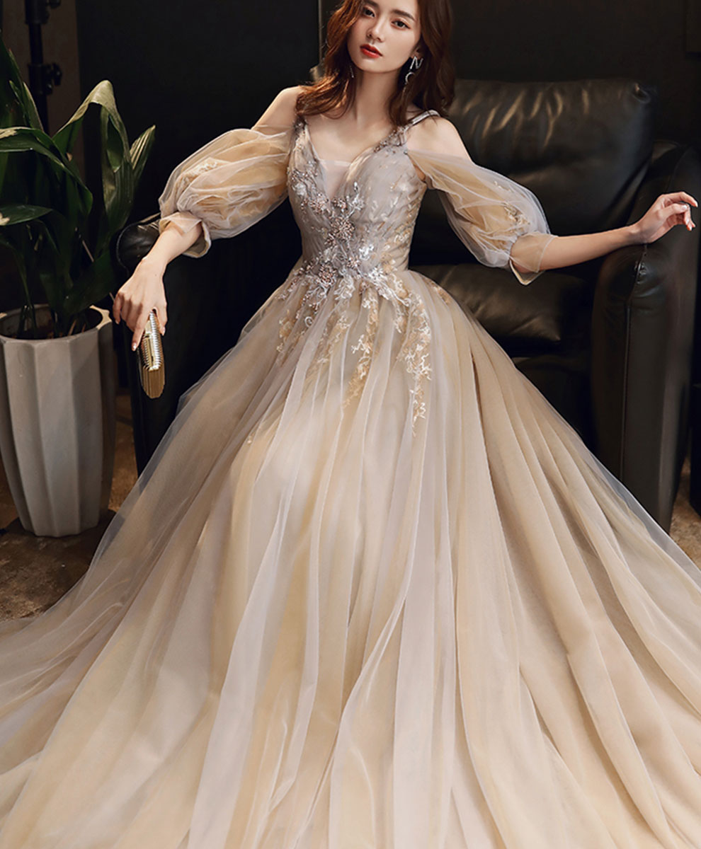 Champagne v neck tulle lace long prom dress champagne formal dress