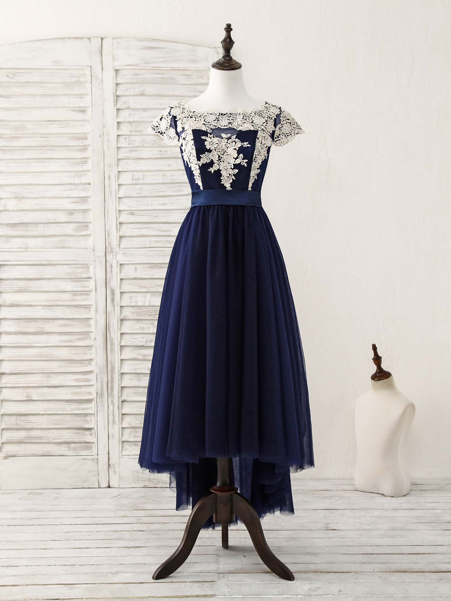 navy blue and white lace dress Navy Blue Satin With White Lace Top Floor Length Party Dresses, Prom Dresses, Beautiful Wedding Party Dresses
