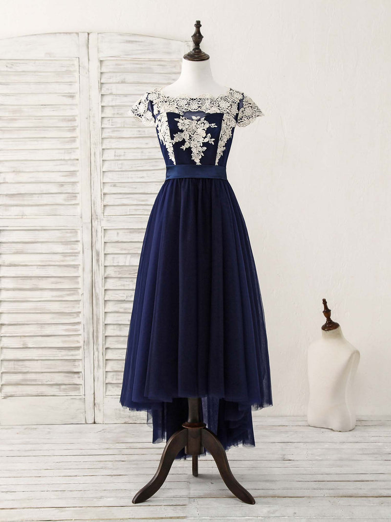 Dark Blue Tulle Lace Applique High Low Prom Dresses shopluu Dark Blue Tulle Lace Applique High Low Prom Dresses shopluu