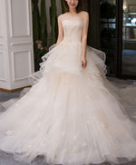 Light Champagne Tulle Long Wedding Dress, Champagne Bridal Dress