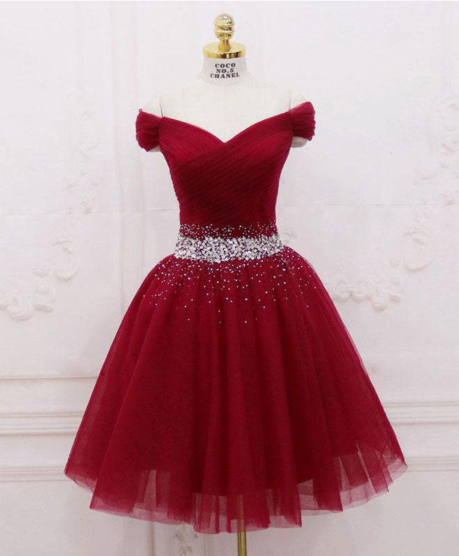 shopluu Burgundy Tulle Sequin Short Prom Dress, Burgundy Homecoming Dress Custom Size / Burgundy