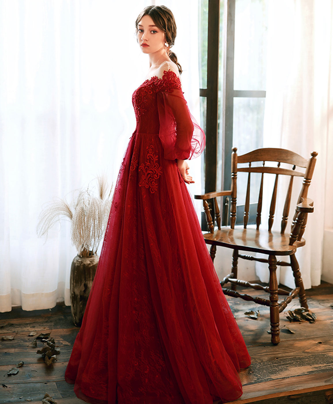 Burgundy Round Neck Tulle Beads Long Prom Dress Burgundy Evening Dress