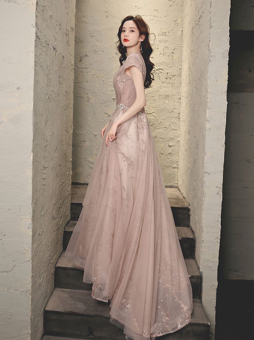 Pink Tulle Lace Long Prom Dress, Pink Tulle Formal Dress