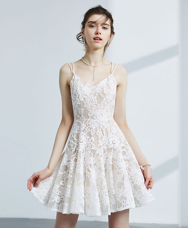 Cute White V Neck Lace Short Prom Dress White Homecoming Dress