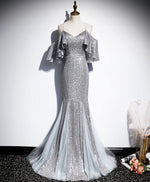 Gray V Neck Sequin Mermaid Long Prom Dress Gray Formal Dress