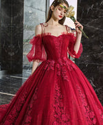 Burgundy Sweetheart Tulle Lace Long Evening Dress, Formal Dress