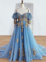 Blue Sweetheart Neck Off Shoulder Long Prom Dress, Lace Evening Dresses