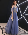 Blue V Neck Tulle Lace Long Prom Dress, Blue Tulle Evening Dress