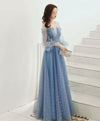 Blue Round Neck Tulle Sequin Long Prom Dress Tulle Evening Dress