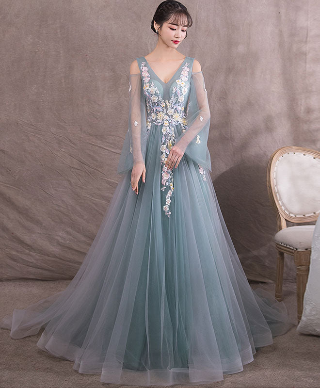 Green V Neck Tulle Lace Long Prom Dress, Gray Green Evening Dress
