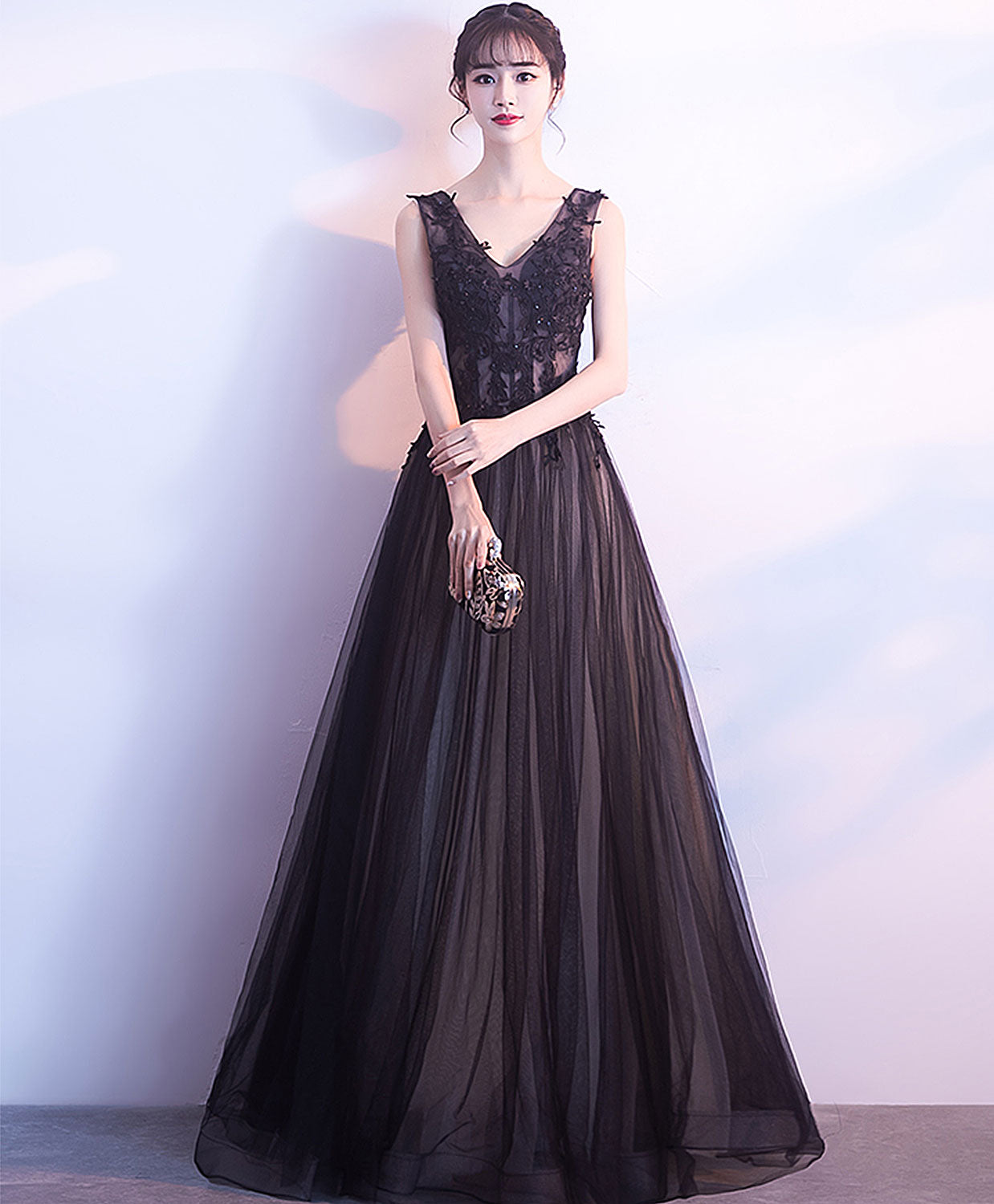 Tulle Black Lace Applique A-line V-neck Long Prom Dress DPB152 –  sweetbridals