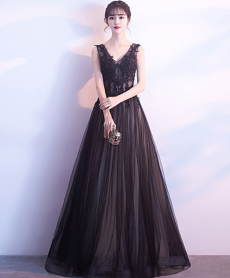 Black V Neck Tulle Lace Applique Long Prom Dress, Black Lace Bridesmai ...