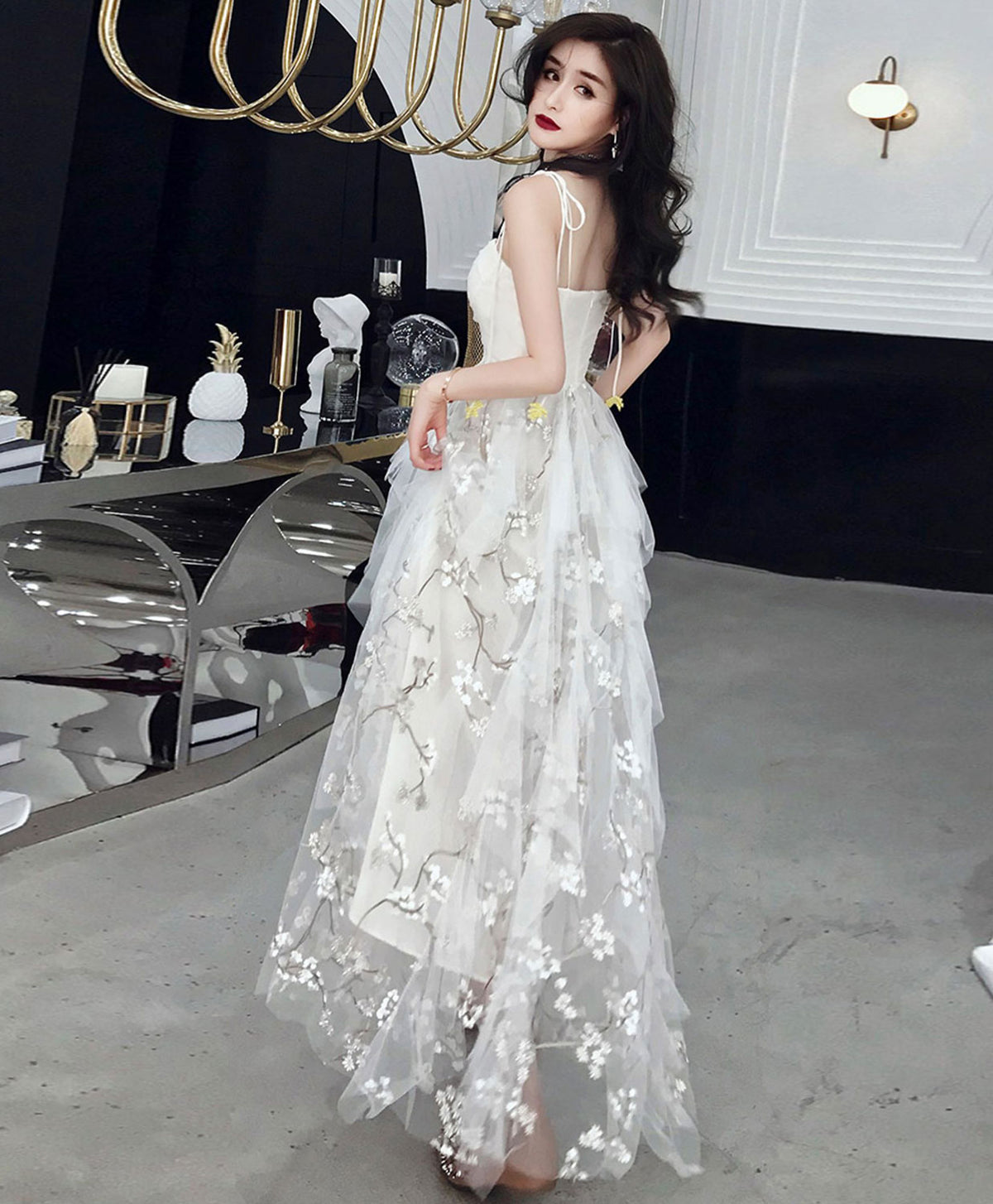 White Tulle Lace Long Prom Dress, White A-Line Lace Graduation Dresses