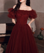 Simple Burgundy Off Shoulder Tulle Long Prom Dress Burgundy Evening Dress