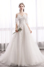 White Sweetheart Lace Tulle Long Wedding Dress, Lace Bridal Dress