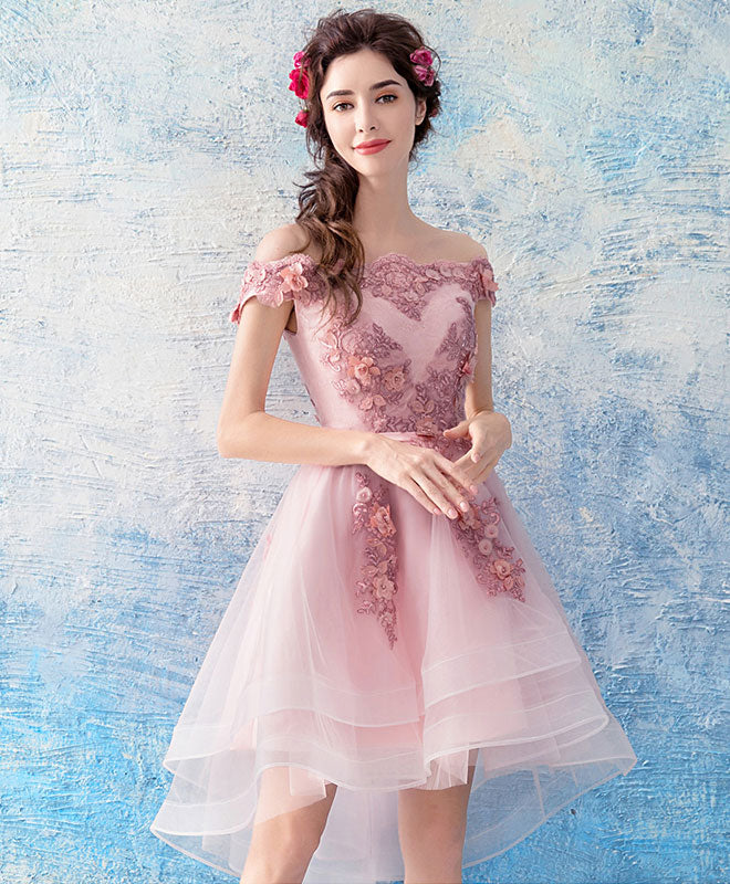 Pink Tulle Lace Short Prom Dress, Pink Tulle Homecoming Dress