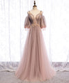 Pink V Neck Tulle Lace Long Prom Dress Pink Tulle Formal Dress
