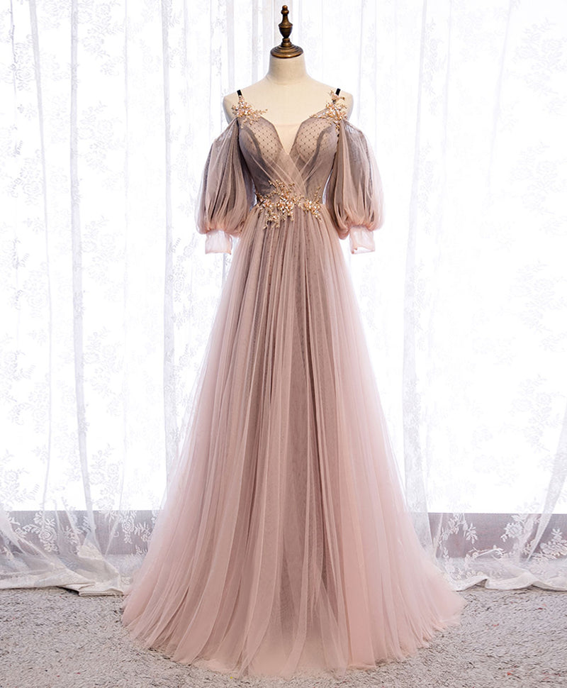 Pink V Neck Tulle Lace Long Prom Dress Pink Tulle Formal Dress