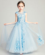 Blue Round Neck Tulle Lace Flower Girl Dress, Girl Fashion Dress