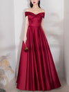 Simple A-line Dark Red Satin Long Prom Dress Red Bridesmaid Dress