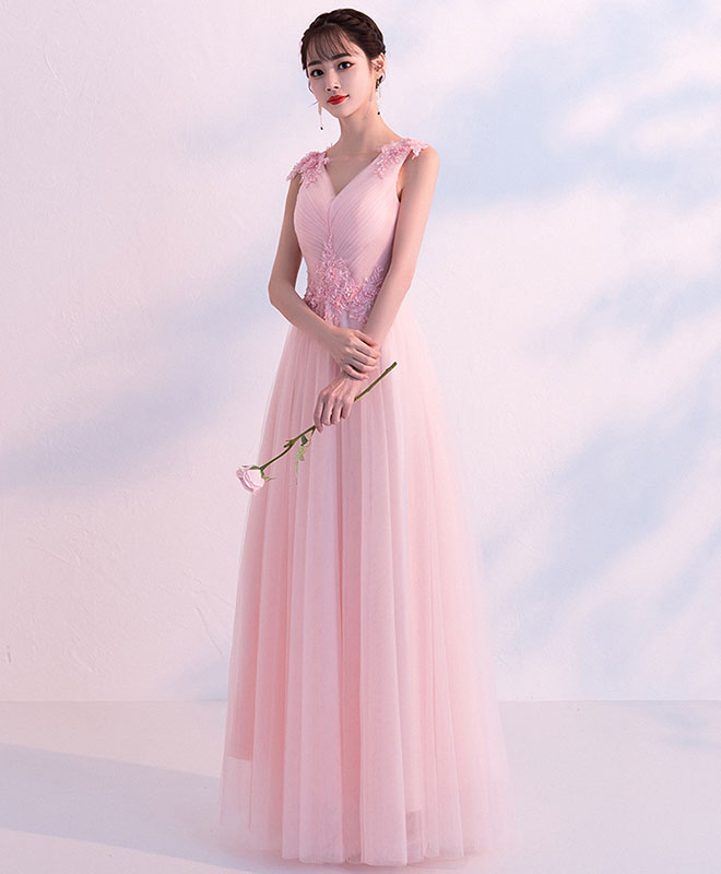 Pink V Neck Tulle Long Prom Dress, Pink Tulle Bridesmaid Dress