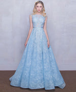 Blue Round Neck Lace Long Prom Dress, Blue Sweet 16 Dress